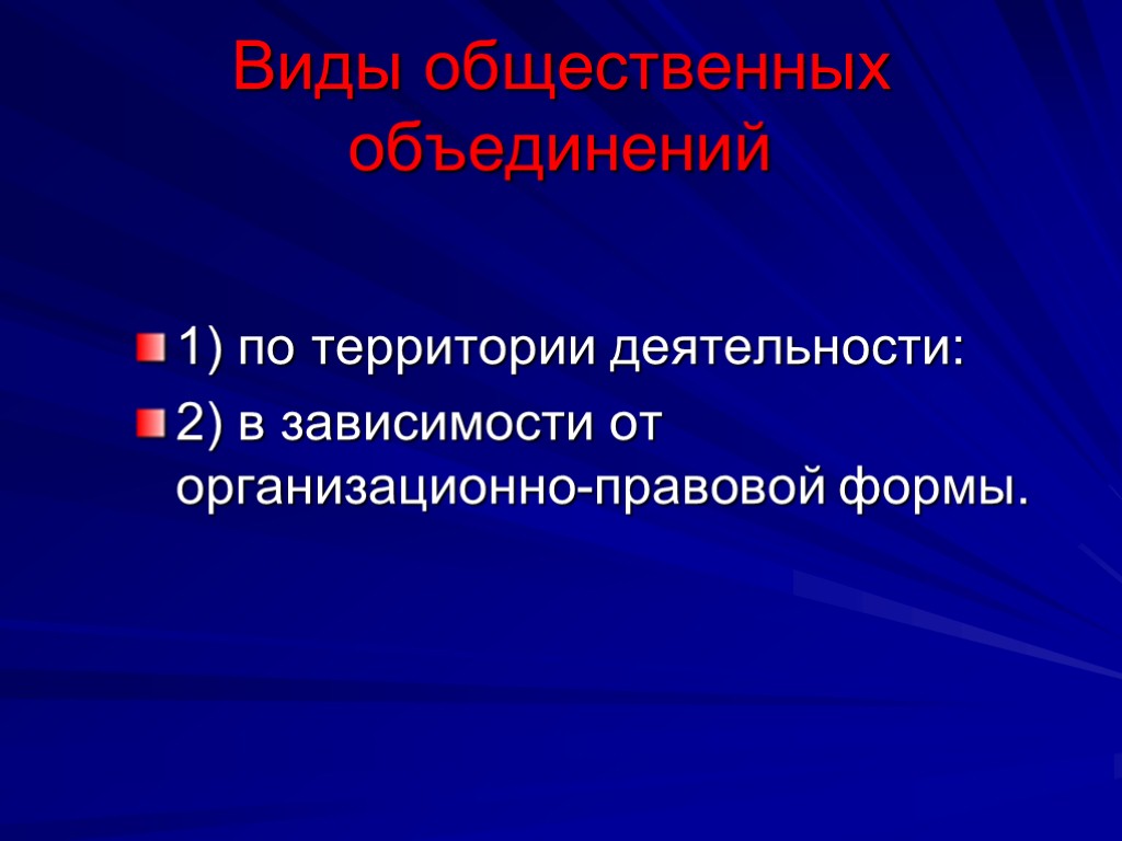 Виды общественных объединений 1) по территории деятельности: 2) в зависимости от организационно-правовой формы.